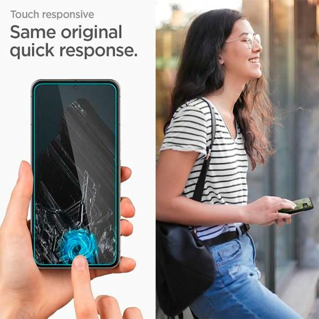 A split image showing a hand holding a smartphone with a screen protector applied and a woman smiling while holding a smartphone.