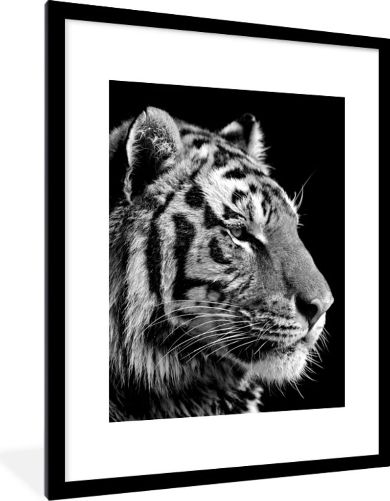 MuchoWow MuchoWow Gerahmtes Poster Tiger - Tiere - Schwarz - Weiß 60x80 cm - Poster mit zchwarzem Bilderrahmen - Wohnzimmer - Dekorationen - P...