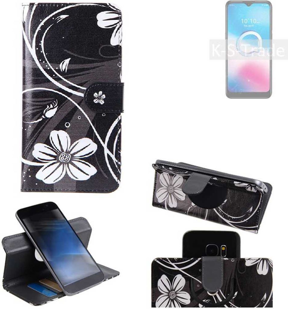 K-S-Trade Schutzhülle Handyhülle kompatibel mit Alcatel 3L (2020) Hülle 360° Wallet Case ''Flowers'' Klapphülle Hülle schwarz-weiß 1x