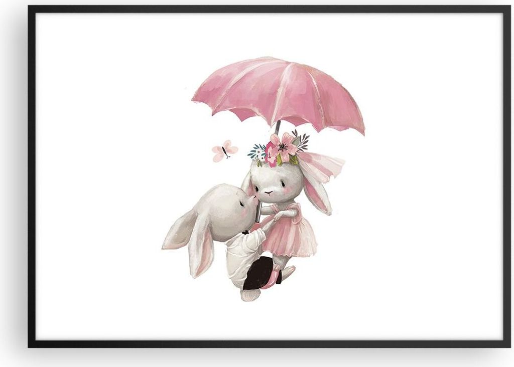 Gerahmtes Poster - Schwarzer Rahmen - Hasen Regenschirm Kinder - 100x70 cm - Wand Bild - Wanddeko - Wandbilder - Kunstposter - Wandposter - Bilderr...