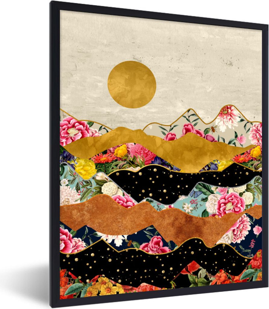 MuchoWow Gerahmtes Poster Blumen - Gold - Marmor 30x40 cm - Poster mit Schwarzem Bilderrahmen Wandposter Rahmen Foto Bilder - Wanddeko - Kunstdrucke