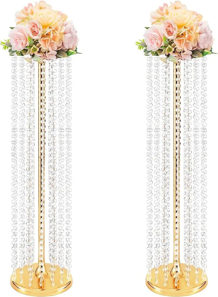 Décoration de Table Mariage Chic : Support Fleurs Doré et Cristal 90cm
