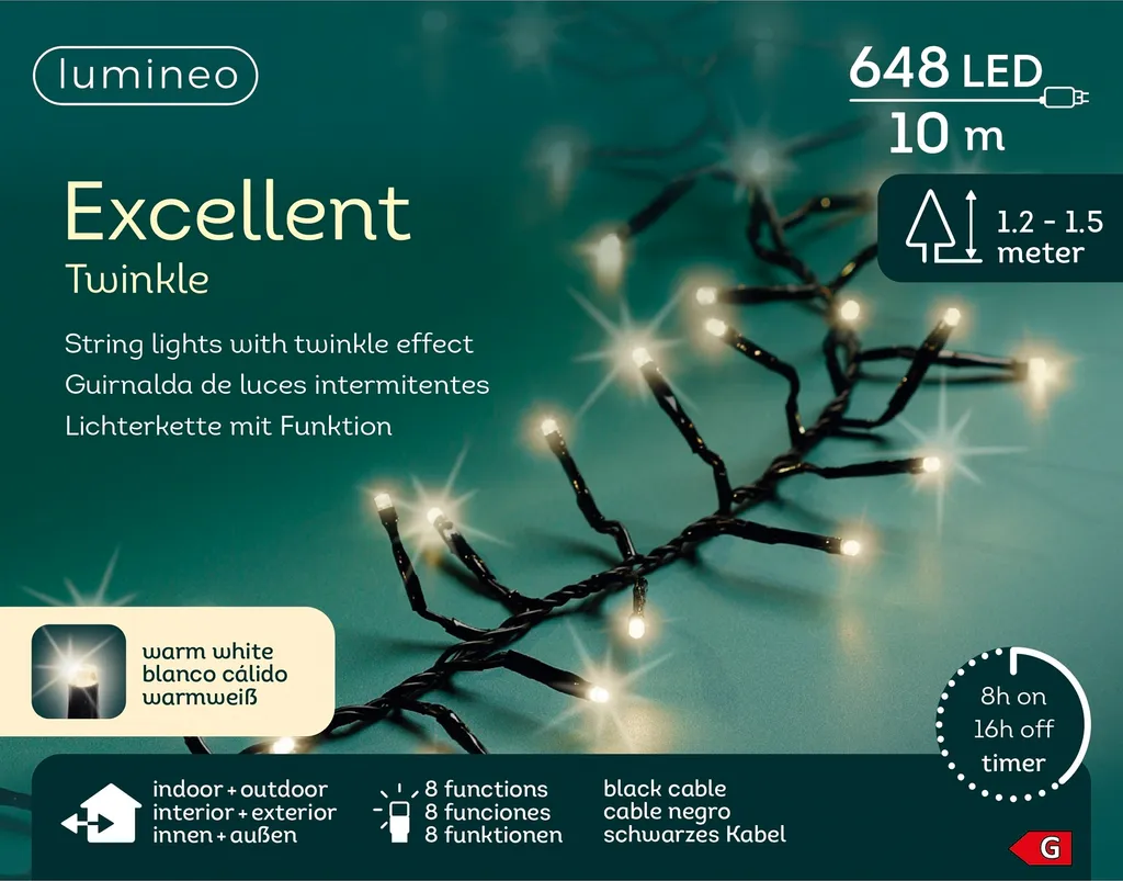Guirlande LED Excellent Twinkle 648 lumières blanc chaud 10m câble noir