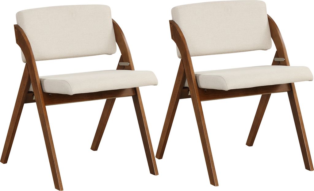 Two beige upholstered chairs with wooden frames are shown against a white background.