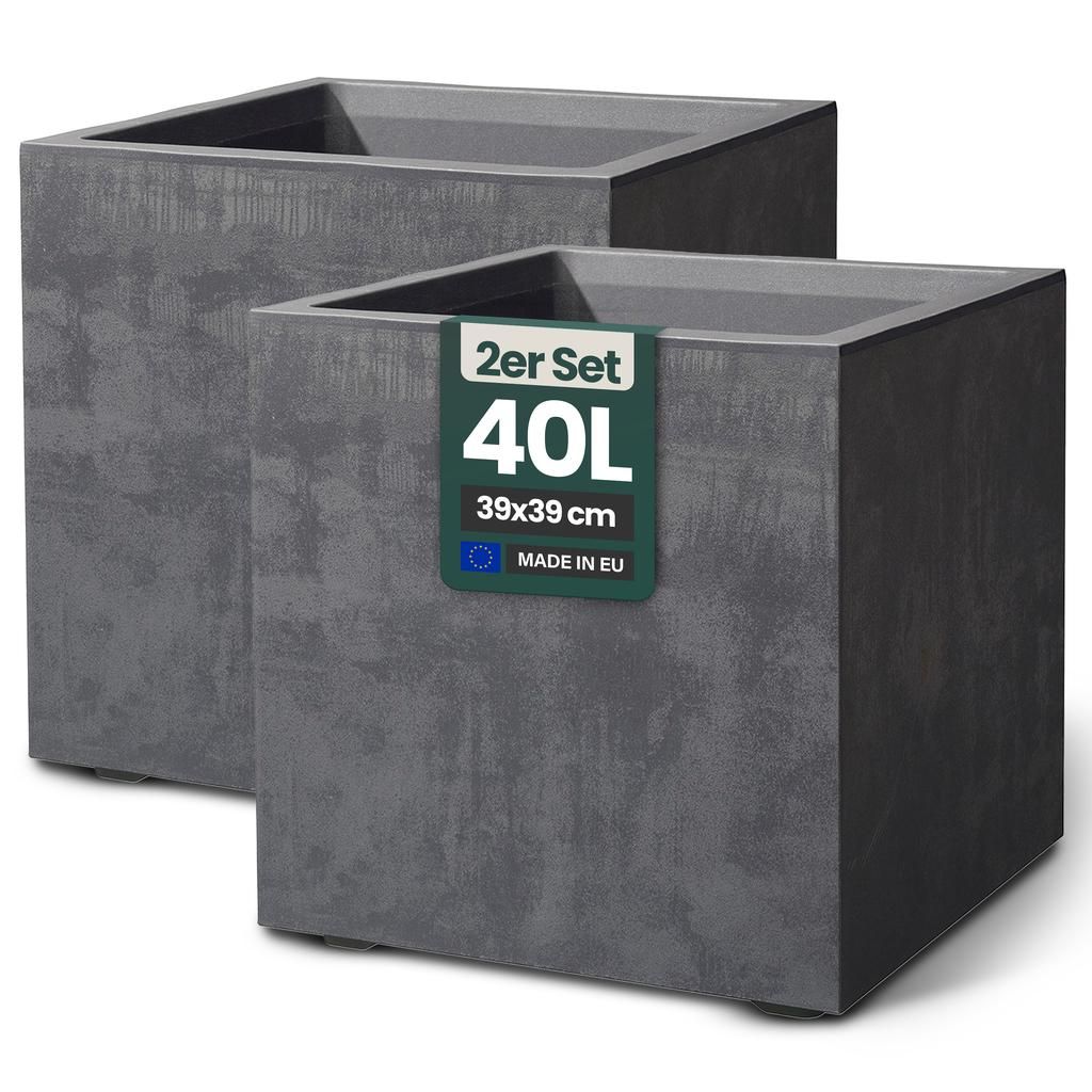 Kreher 2er Set Pflanzkübel „Millennium“ 39x39x39 cm - Anthrazit - UV- & Frostfest - Eckig - Mit Wasserspeicher - Natursteinoptik - Indoor & ...