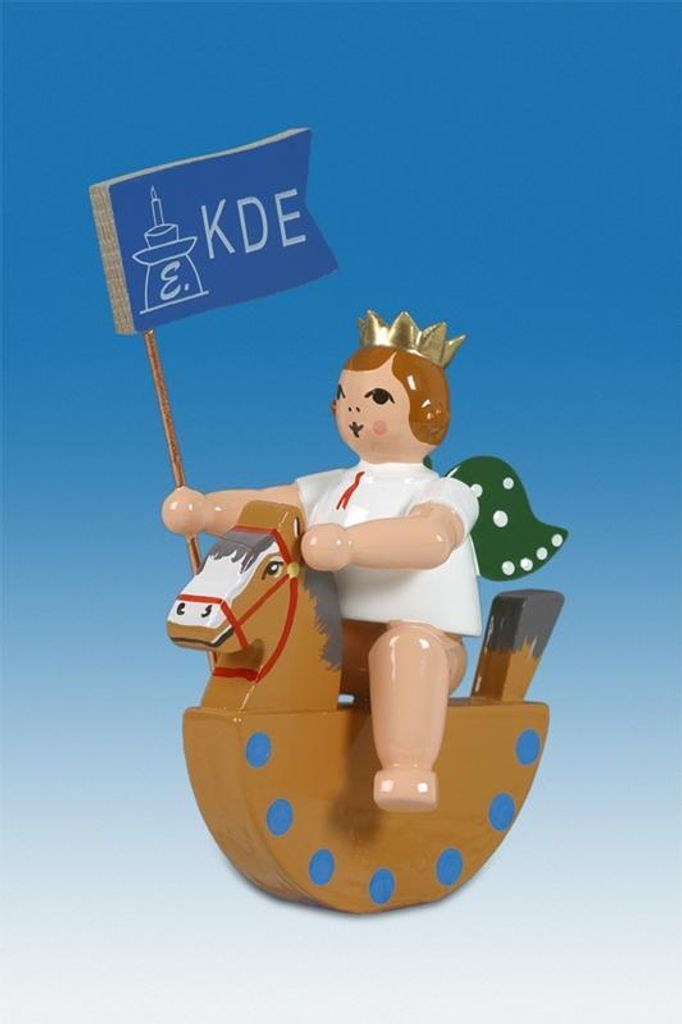 Holzfigur Engel auf Schaukelpferd Fähnchen ohne Krone Höhe 6cm NEU