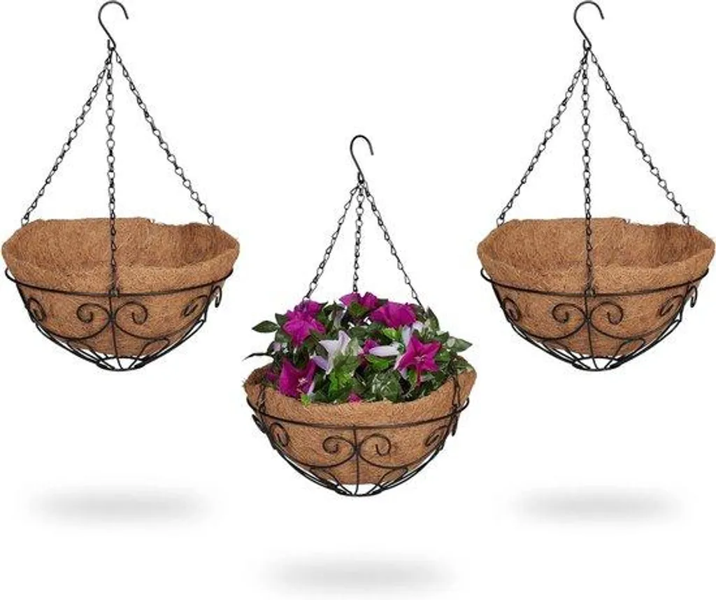 Panier suspendu pour plantes 48 x 31 cm en fibre de coco marron et noir