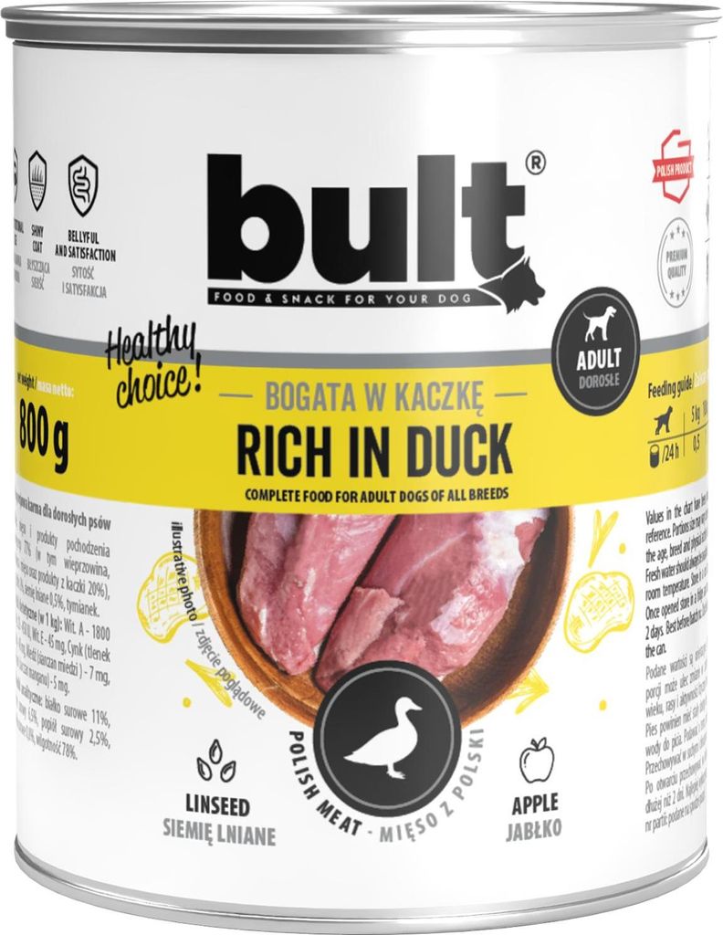 A can of dog food with an image of duck meat and ingredients.