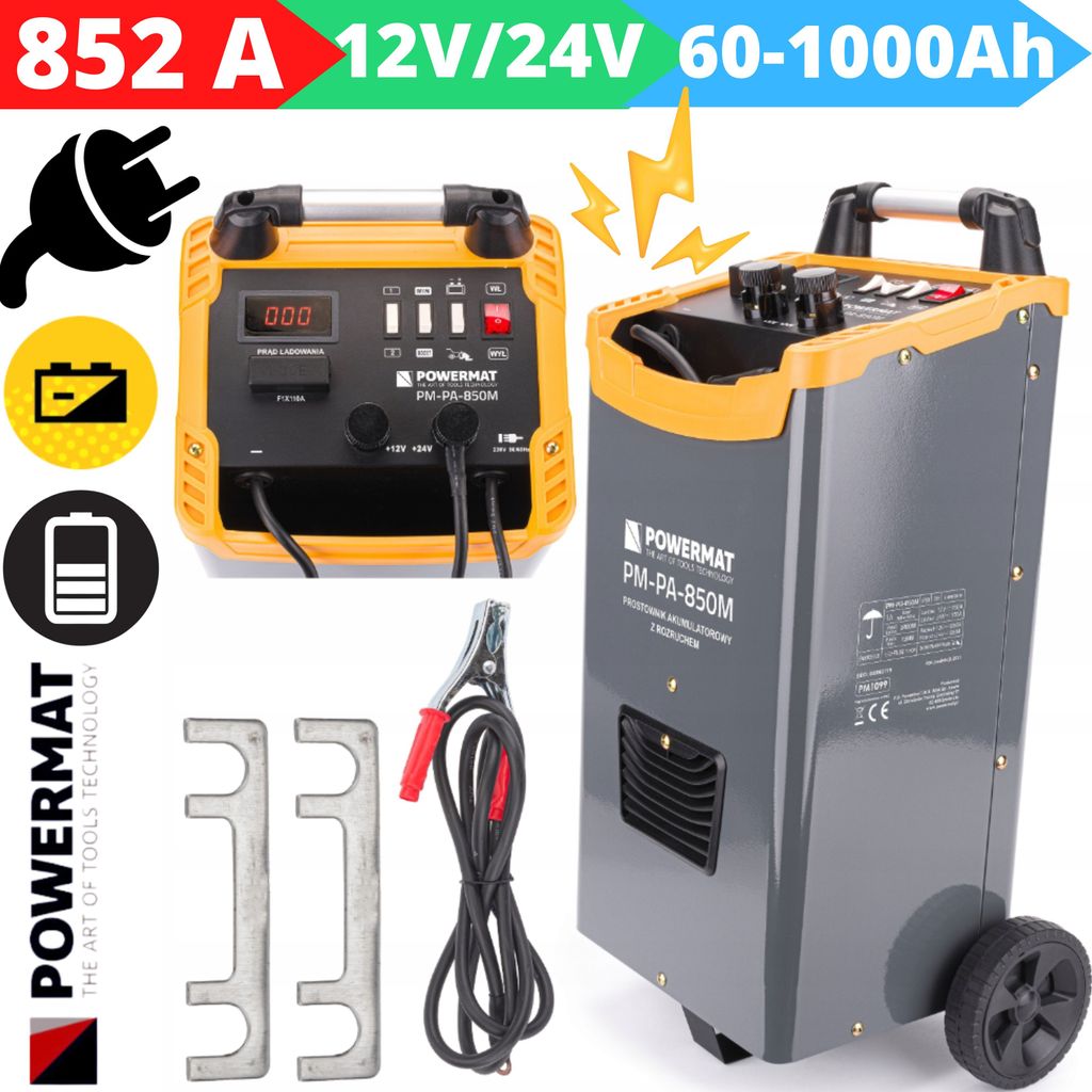 A collage of images showing a battery charger and its components.