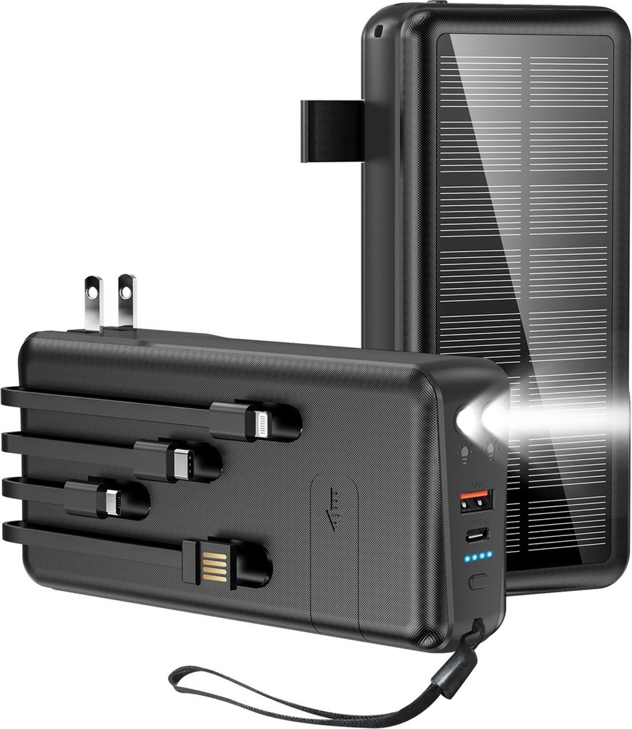 Solar Powerbank 30000mAh Tragbare Solar Ladegerät Wireless Power Bank mit USB/Typ C Ausgang für Handys, Tablets, Outdoor,Schwarz