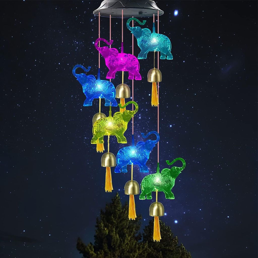 Windspiel mit Elefantenmotiv, farbwechselnd, wasserdicht, solarbetrieben, LED-Hängelampe, Gartenwindspiel, Außendekoration für Terrasse und Garten