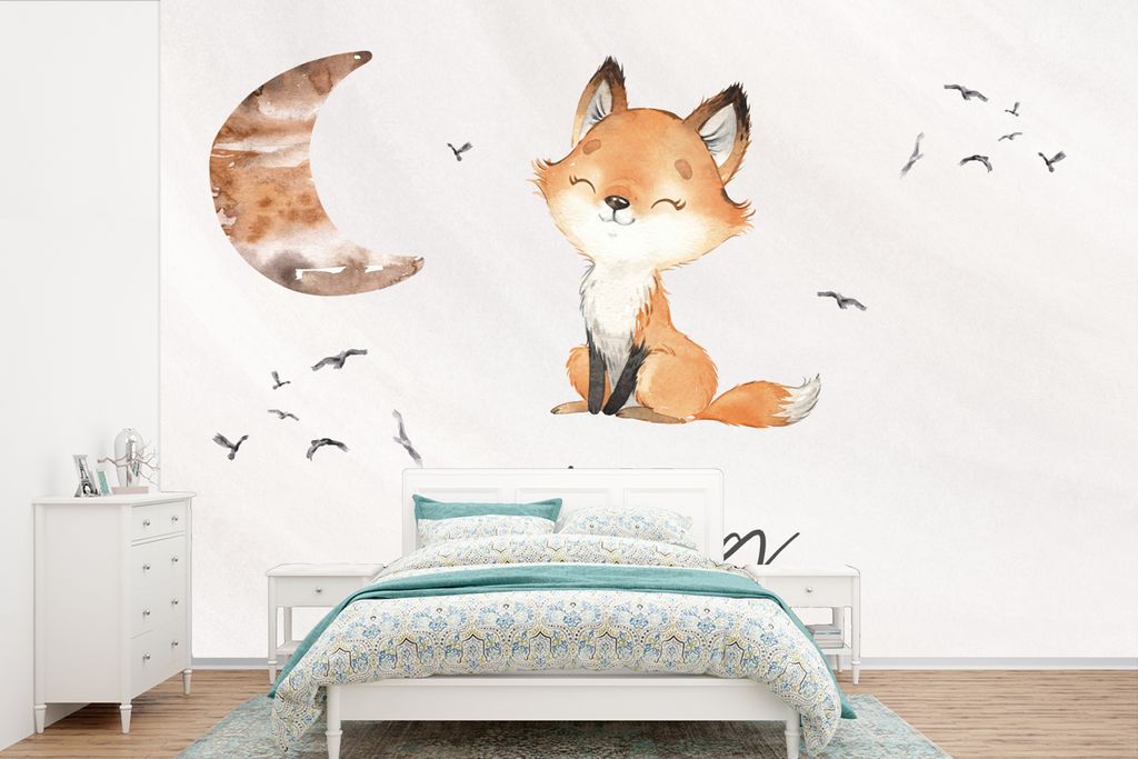 MuchoWow Fototapete für Wohnzimmer oder Schlafzimmer Wandtapete Vinyl Motivtapete Zitate - Aquarell - Stark sein - Kinder - Fuchs - Tiere - 450x...
