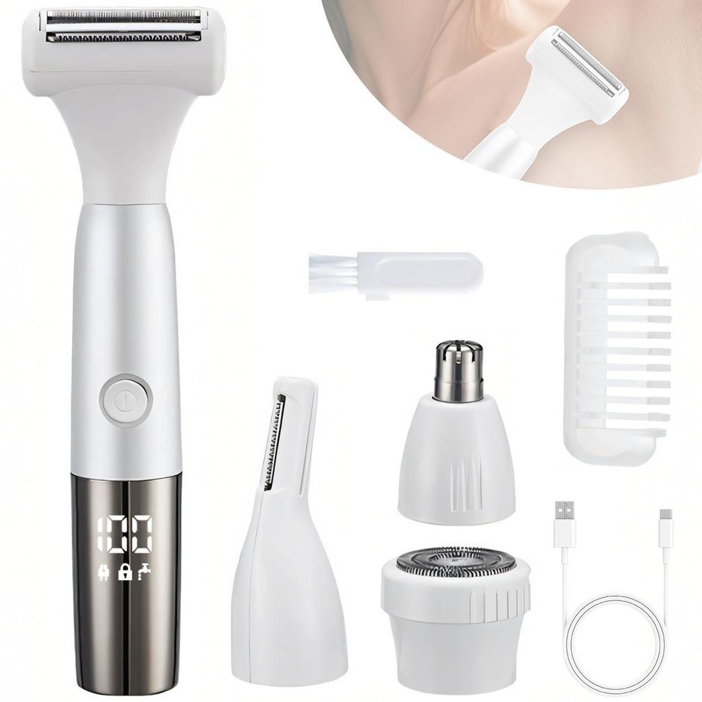 4-in-1Bikini-Trimmer,kabelloser elektrischer Körper-& Gesichtshaarentferner,USB-C-Ladung,LCD-Anzeige,Geeignet für die trockene und nasse Anwendung