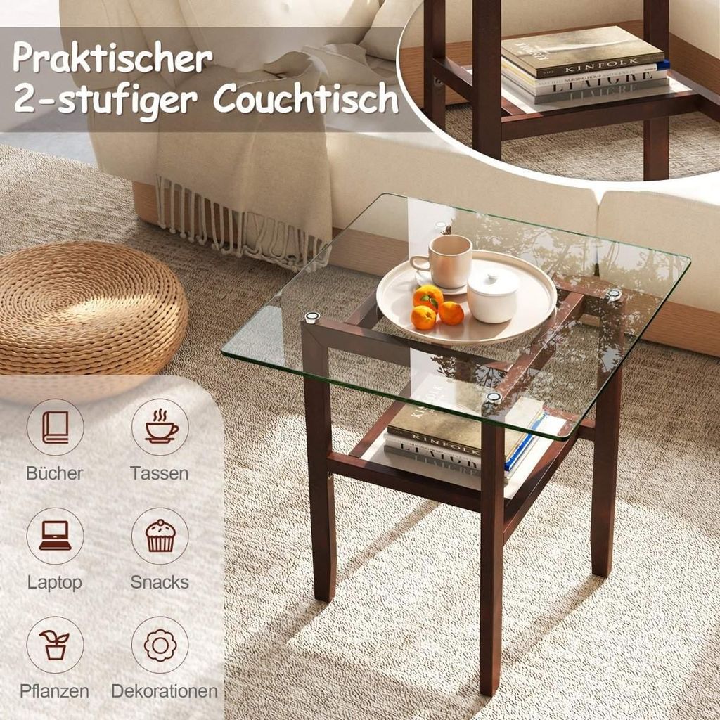 61 cm langer und breiter Beistelltisch aus Glas 2-stöckiger Glastisch mit Ablagefläche Braun