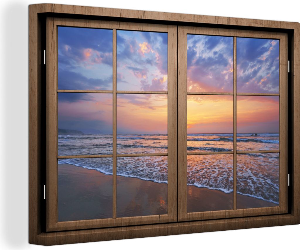 OneMillionCanvasses - Leinwandbilder - 150x100 cm, Aussicht - Strand - Meer, - Geöffnetes Fenster - Fensterblick Schlafzimmer Kunstdruck Wanddek...