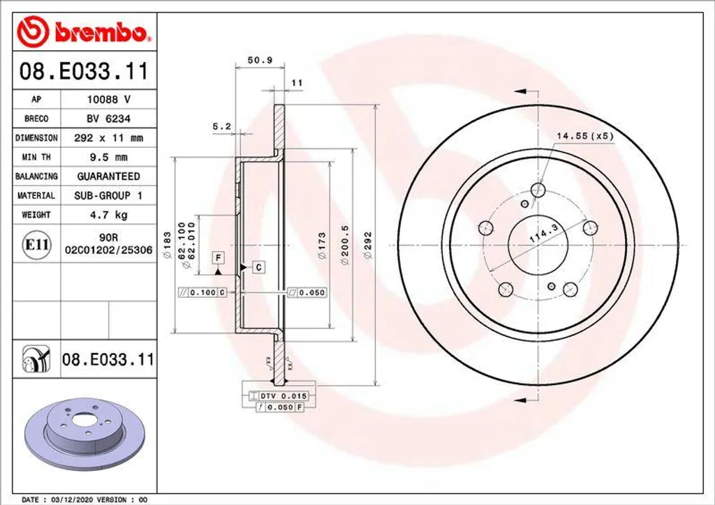 Disque de frein haute performance Brembo 08.E033.11 traité anti-corrosion