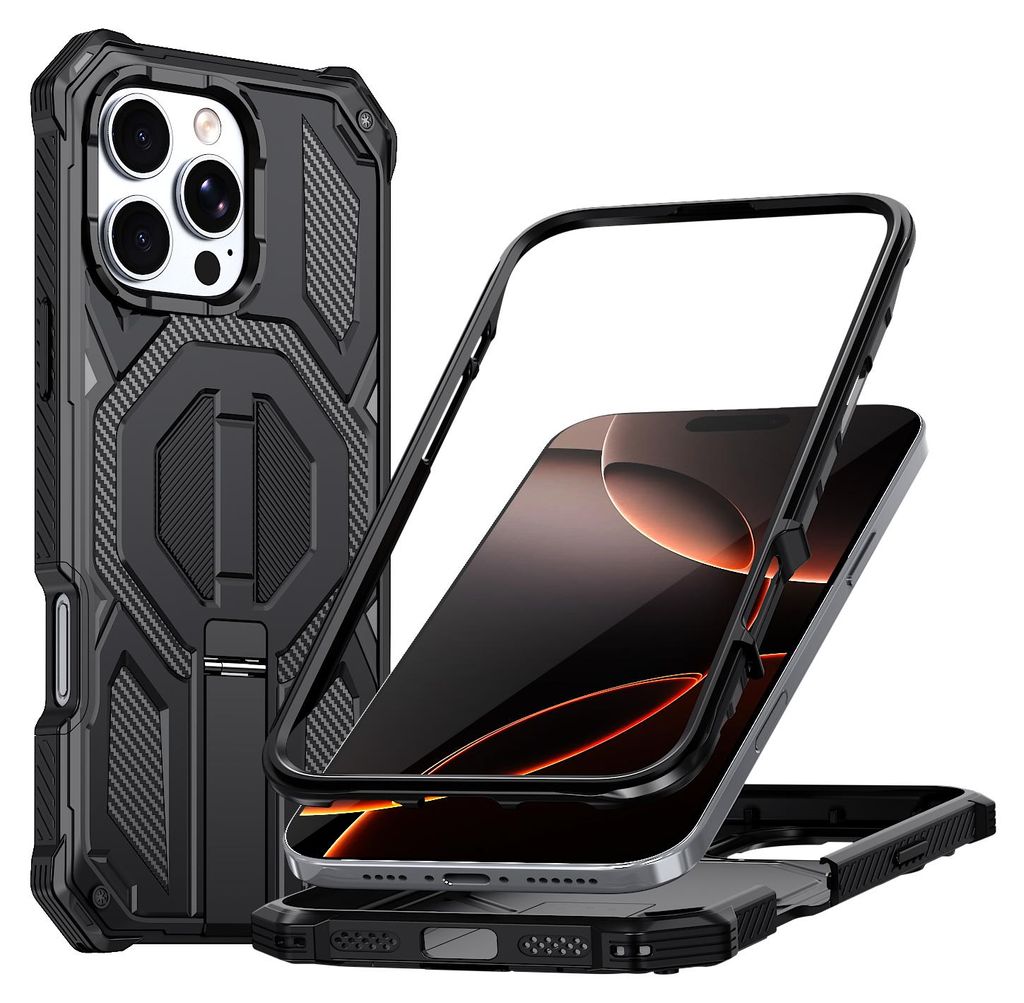 Magnetische Hülle für iPhone 16 Pro, Kompatibel mit MagSafe, Mit Metall-Ständer, Militärischer Stoßschutz Handyhülle Schwarz