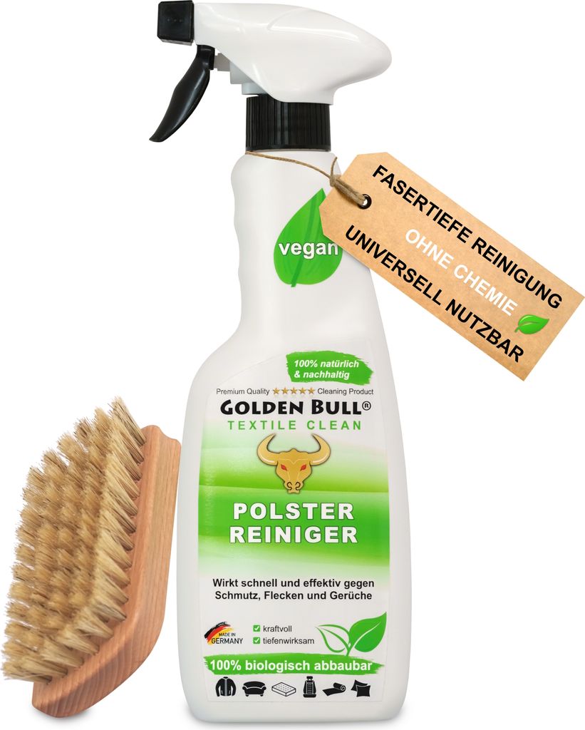 Golden Bull Polsterreiniger 500ml + Polsterbürste - Natürlicher Polster Reiniger & Fleckenentferner für Auto, Sofa, Couch und Polstermöbel