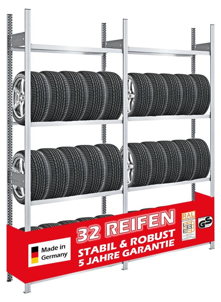 Reifenregal TIRE PRO Germany | Komplettregal | HxBxT 250x200x43cm | 150kg Fachlast | bis zu 32 Reifen auf 4 Ebenen | Verzinkt