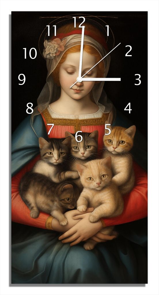 Wallario Design Wanduhr Madonna der Kätzchen aus Echtglas, Größe 30 x 60 cm