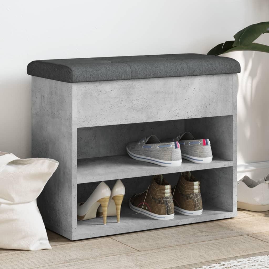 A shoe bench with storage shelves in a room setting.