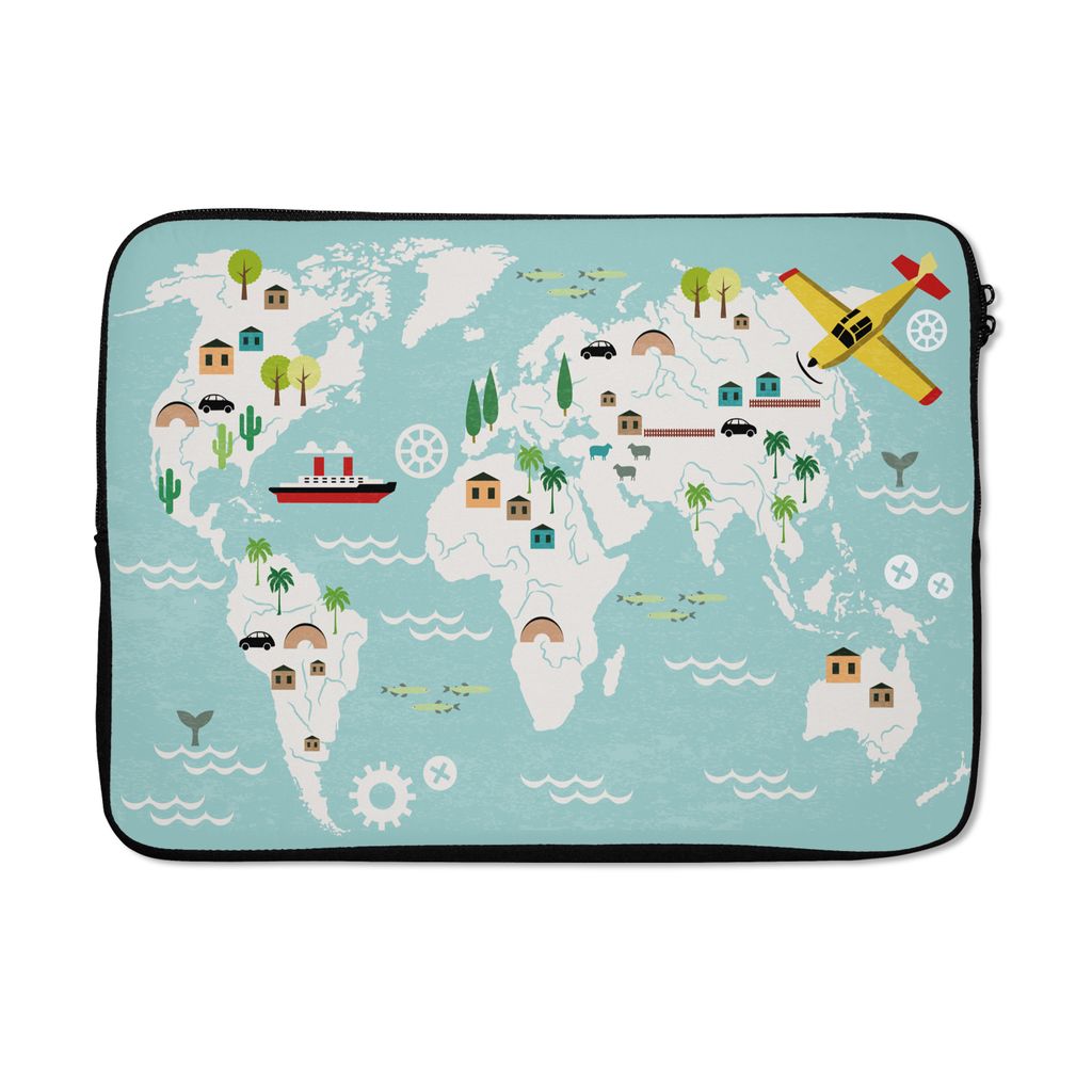 MuchoWow Laptop Hülle 14 ZollWeltkarte - Kinder - Flugzeug - Boot - Jungen - Mädchen Laptoptasche - Laptoptasche - Stoßsicher - Schutzhaube