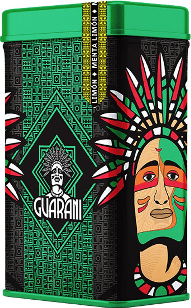 Guarani - Mate Tee Menta Limon Yerbera Dose 500g - Minze, Zitrone - Rauchig Viel Staub - Metallbox Mit Spender - Intensive Yerba Mate - Paraguay