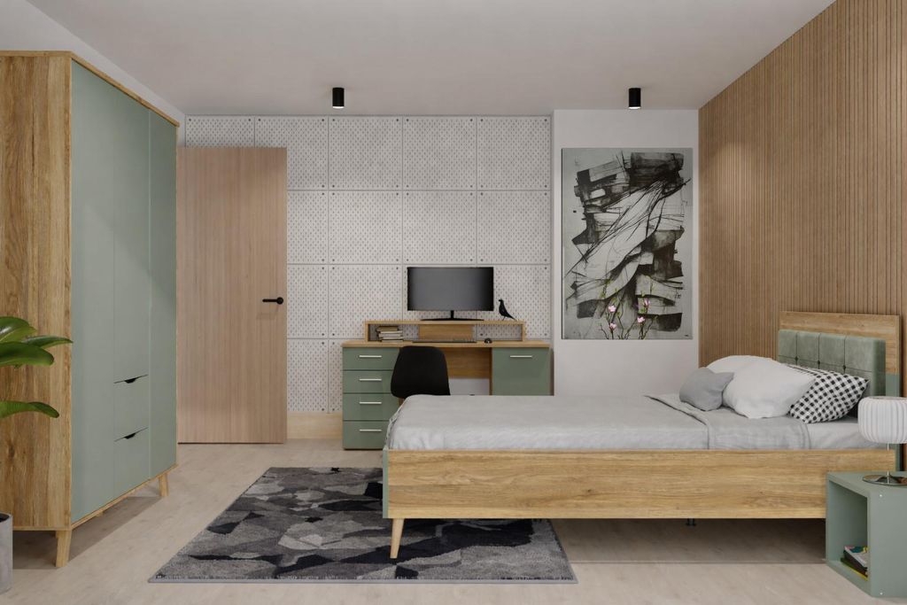 Jugendzimmer Salbei Mauvella Eiche – 4-teiliges Kinderzimmer Komplett-Set | Kleiderschrank, Jugendbett 120x200 cm, Schreibtisch, kleines Regal