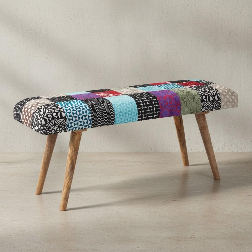 Sitzbank Samt / Massivholz Bank Bunt 117x51x38 cm Bettbank Patchwork, Design Polsterbank Flur Modern, Gepolsterte Stoffbank Esszimmer, Flurbank ohn...