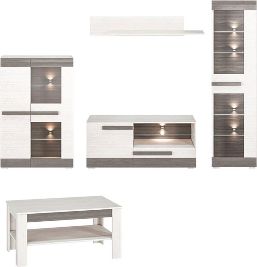 Wohnzimmer-Set "Blanco" Wohnwand 5-teilig Pinie weiß grau MDF