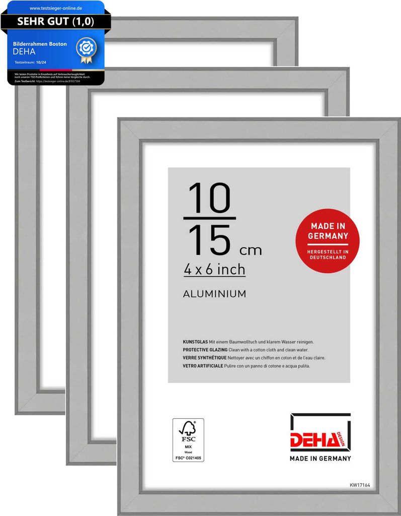 DEHA Design Aluminium Portraitrahmen, Bilderrahmen 3er SET Boston, 10x15 cm, Struktur Silber Matt