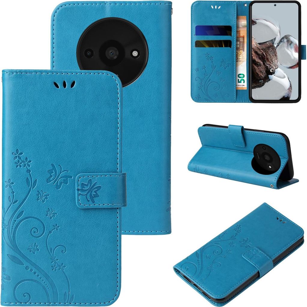 Handyhülle für Xiaomi Redmi A3 Floral Blumen Schmetterling Flip Cover Hülle Case Klapphülle Handytasche Farbe: Blau