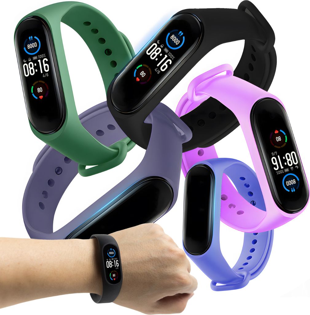 A collage of multiple colored replacement watch bands for a fitness tracker, with one band shown on a person's wrist.