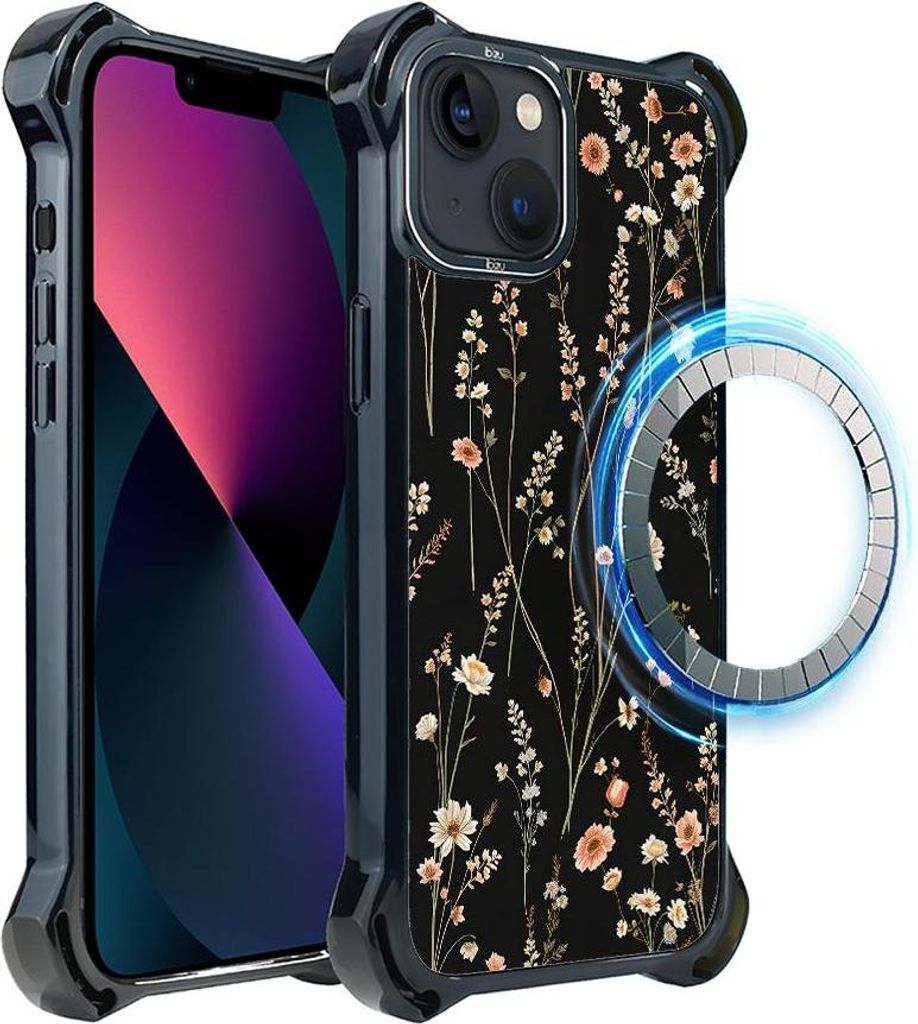 Schutzhülle für das iPhone 13, MagSafe-kompatibel, verstärkte Ecken, schwarz, kleine Blüten auf schwarzem Hintergrund