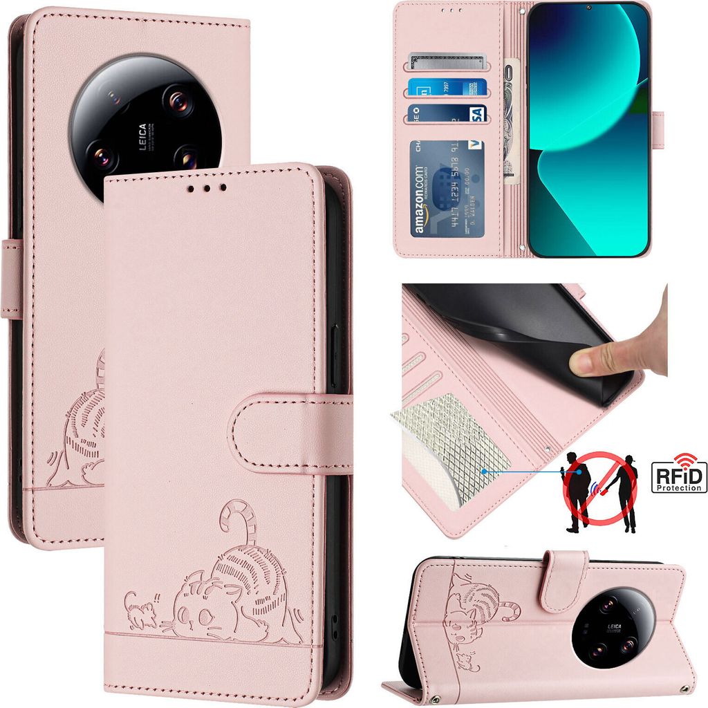Leder Hülle für Xiaomi 13 Ultra Süße Katze Flip Case Brieftasche Schutzhülle mit Standfunktion Pink