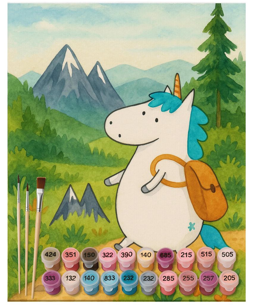 Mr. & Mrs. Panda Malen nach Zahlen Einhorn Bergsteiger Design 40 x 50 cm Mit Rahmen - Weiß - Geschenk, Unicorn, Abenteuer, leinwand malerei, Urlau...