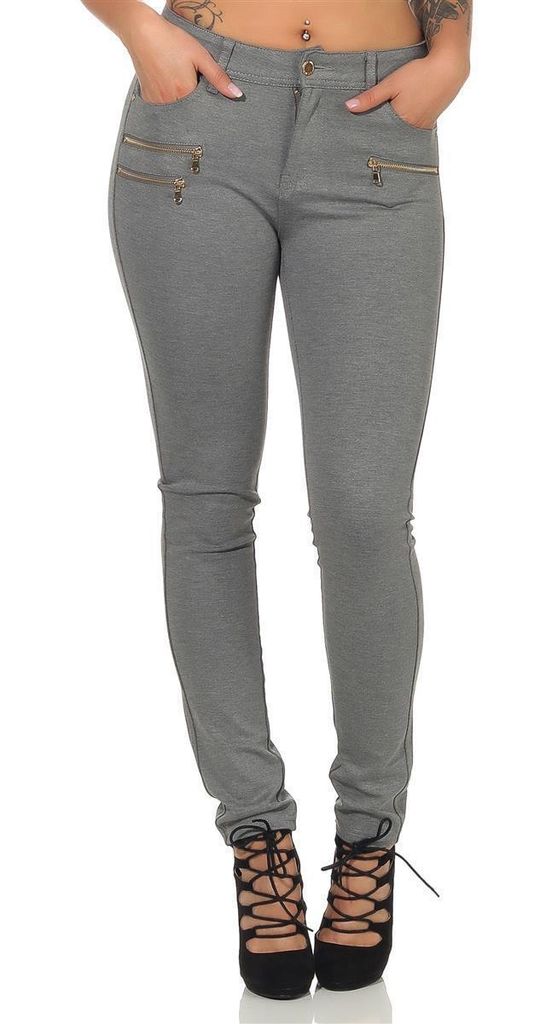 Treggings Jeggings Hüfthose Stretch Slimfit mit Taschen Hose; Grau-Meliert M