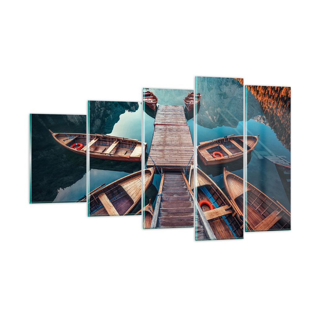 Bilder auf glas - Berge Boot Wasser - 100x60cm - Glasbilder - Wandbilder - Kunstdruck - zum Aufhängen bereit - Wanddekoration aus Glas - Glas Bild...