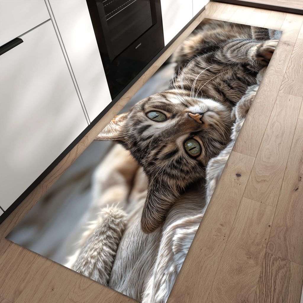 Küchenteppich 60x90cm rutschfest & abwischbar PVC Läufer - Gemütliche Katze