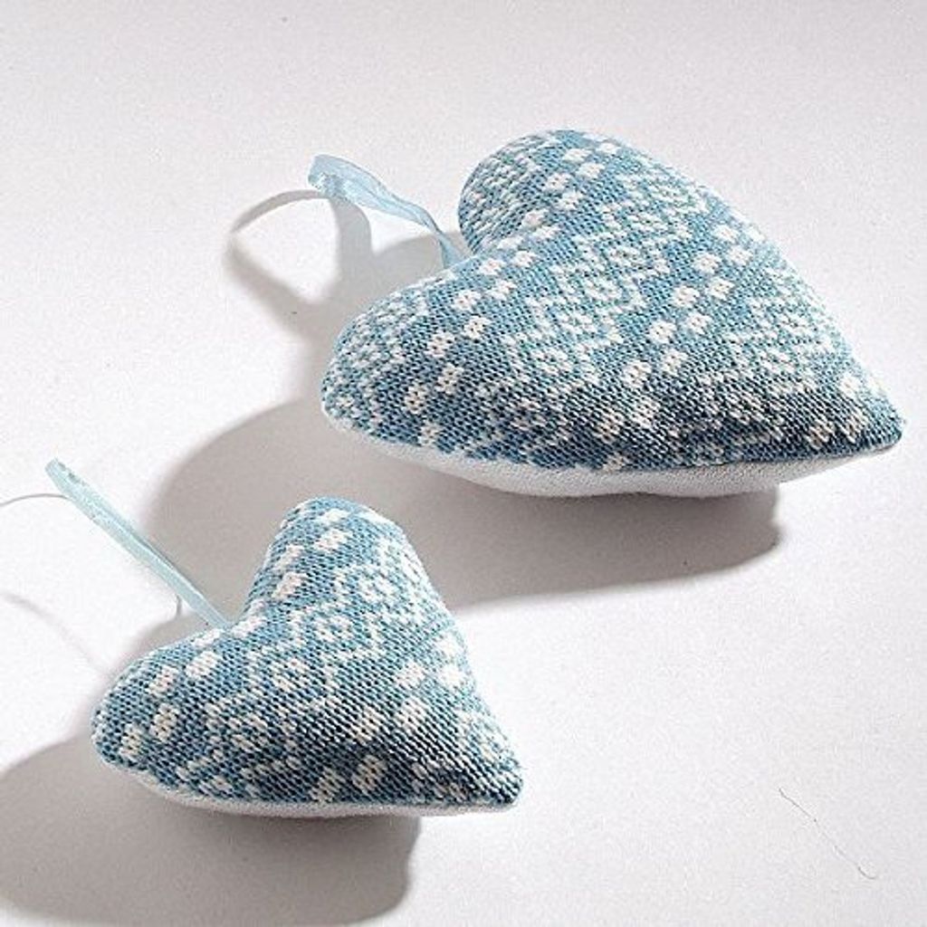 4x Herzkissen Hänger / gestrickter Look / blau weiss / 15 cm - 3,81 € pro Stück