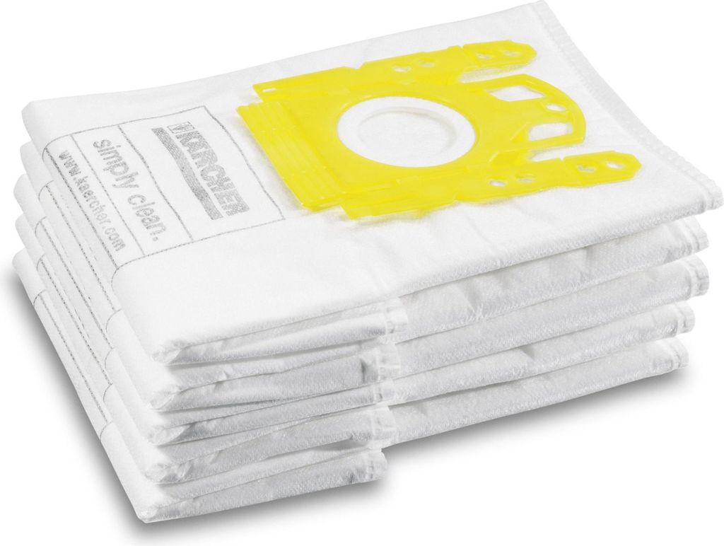 A stack of white vacuum cleaner bags with a yellow dust collector attachment on top, against a white background.
