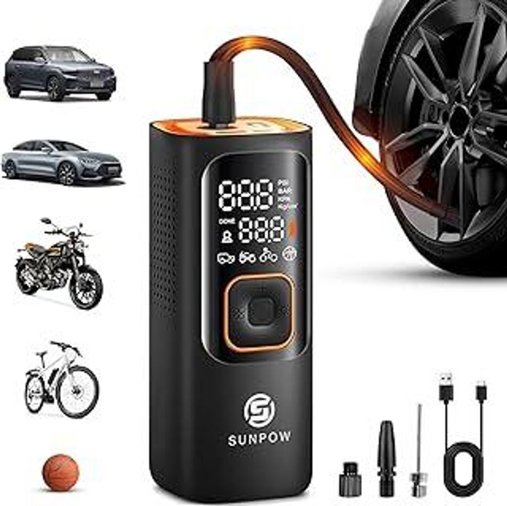 SUNPOW Elektrische Luftpumpe, Tragbar Mini Kompressor mit 7500mAh Akku, 160PSI Tragbarer Luftkompressor Auto Reifenpumpe, 12V DC Dual Power, Digita...