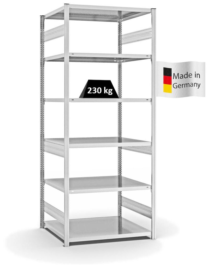 PROREGAL Fachbodenregal Stecksystem MAGNUS Germany | HxBxT 250x100x80cm | 6 Ebenen | Fachlast 230 kg | Beidseitig nutzbar | Lichtgrau