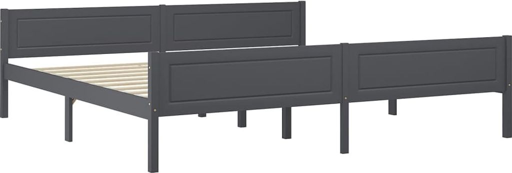 A dark gray wooden bed frame with a slatted mattress base is shown against a white background.