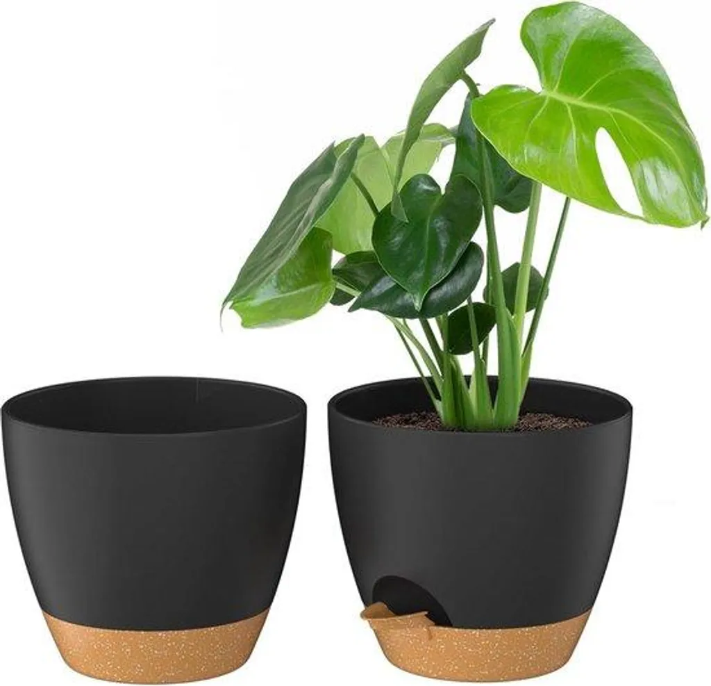 Pot de fleur à réserve d'eau 20 cm noir pour intérieur et balcon - Lot de 2
