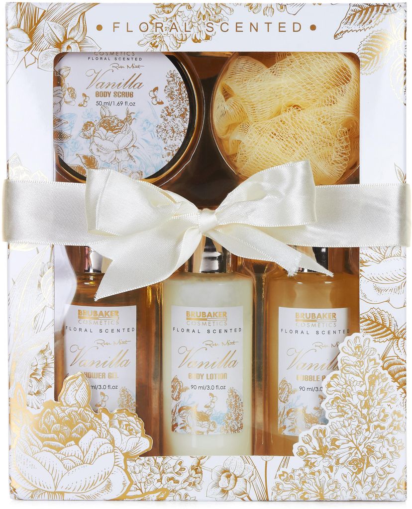 BRUBAKER Cosmetics Bade- und Dusch Set Vanille Rosen Minze Duft - 5-teiliges Geschenkset für Damen