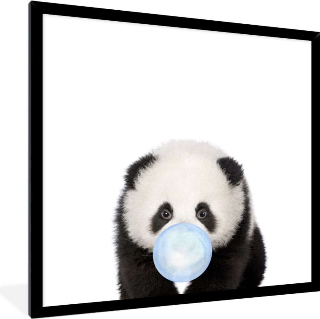 MuchoWow Gerahmtes Poster Tiere - Panda - Kaugummi - Jungen - Mädchen - Kinder - Blau 40x40 cm - Poster mit Schwarzem Bilderrahmen Wandposter Ra...