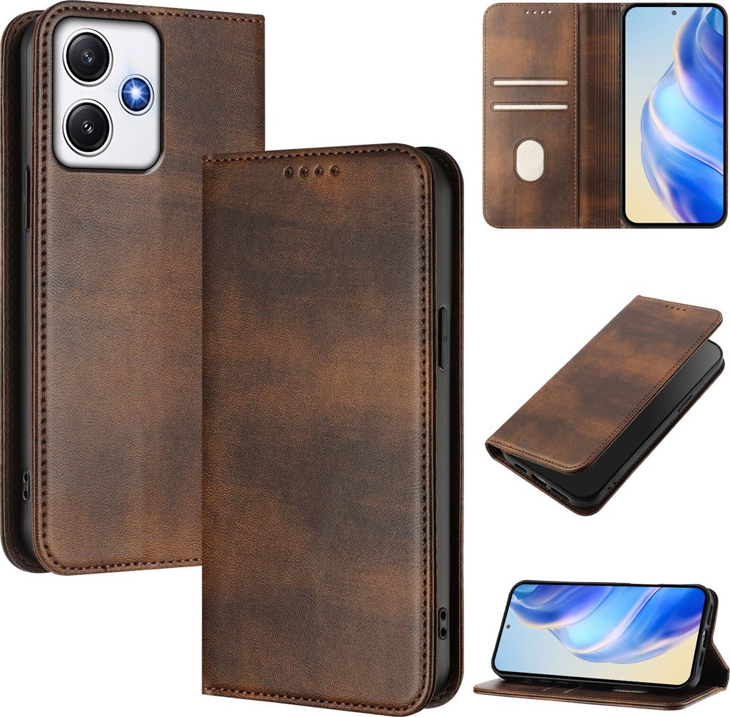 Handyhülle für Xiaomi Poco M6 Pro 5G/Redmi 12 4G, Vintage Leder RFID Schutz Kartenfach Standfunktion Magnetische Klapphülle Braun