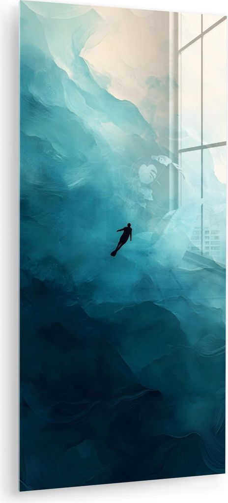 MuchoWow Glasbilder - Bilder auf Wandbild - Foto auf Glas Meer - Silhouette - Abstrakt - Blau 40x80 cm Wanddekoration aus Glas - Acrylglasbild - Ac...