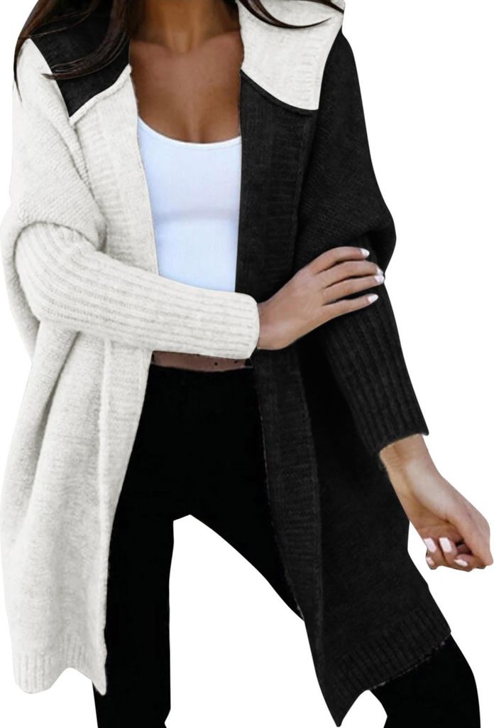 ASKSA Damen Strickjacken Kapuzenpullover Warm Lang Cardigan Strickmantel Casual Herbst Winter Grobstrickjacke Mit Kapuze (Schwarz,XL)